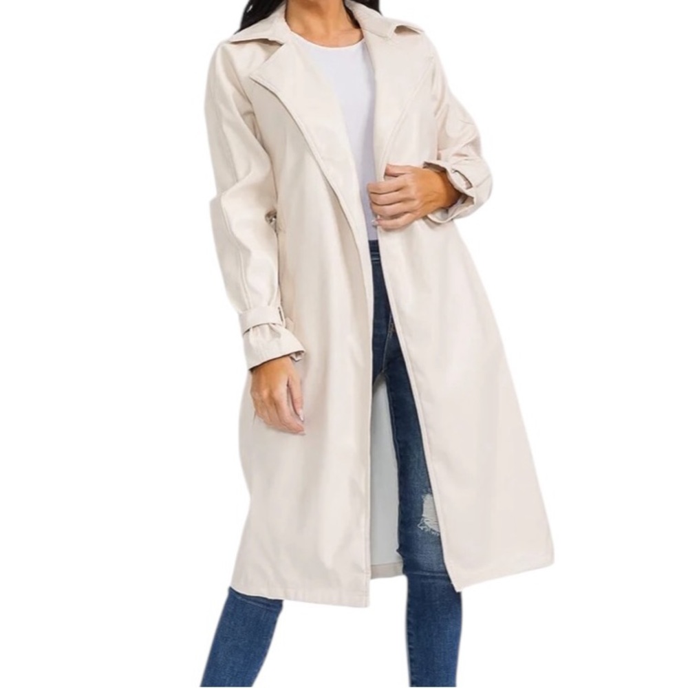 Long Sleeve Open Front Pockets Belted PU Pleather Coat in Cream - Picture 3 of 4